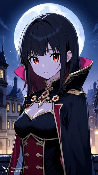 Ночной страж: вампирша над лунным городом в роскошном плаще. Картинка из нейронной сети Qwen Ai Images