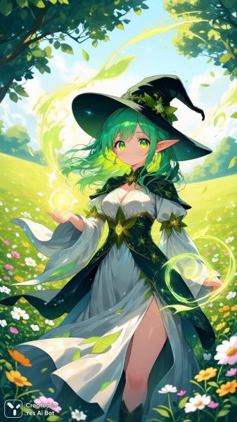 Загадочная волшебница над цветущим лугом. Картинка из нейронной сети Qwen