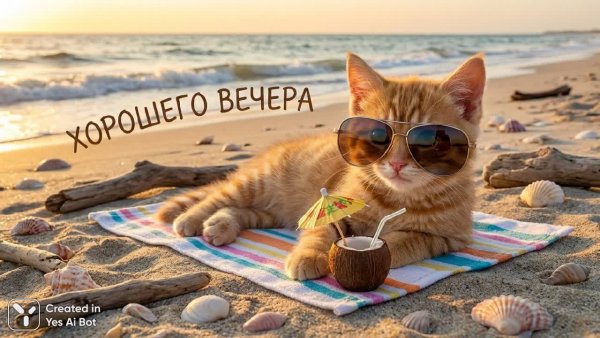 Модный котенок на пляже с коктейлем и надписью. Нейросеть Nano Banana