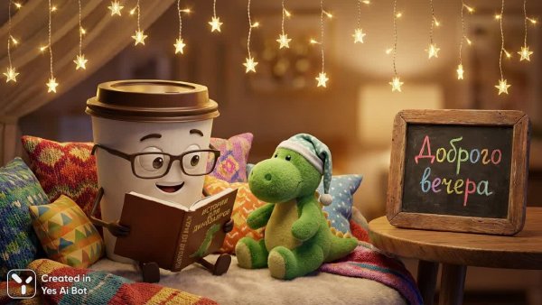 Вечерний чай с динозавриком: сказка перед сном в волшебной атмосфере. Изображение из нейронной сети Нано Банана