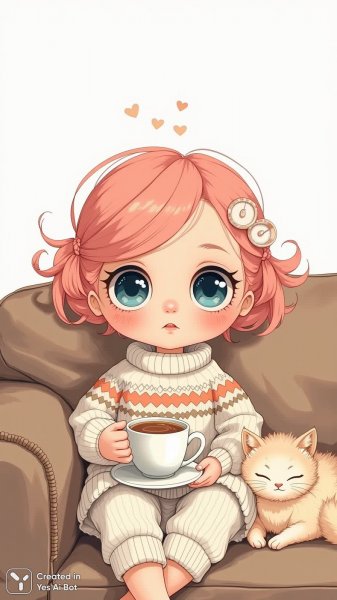 Кукла с розовыми волосами и чашка чая на диване. Генерация из нейронной сети Flux
