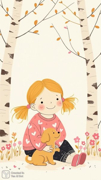 Девочка с щенком в парке: радость и беззаботность. Изображение из нейросети Flux Ai