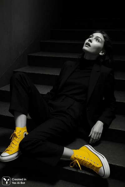 Молодая женщина в полосатом свитере и черно-белые леггинсы на лестнице. Генерация из нейросети Sora Image