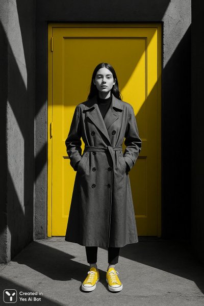 Молодая женщина и яркая дверь в монохромном городе. Изображение из нейронной сети Sora Image