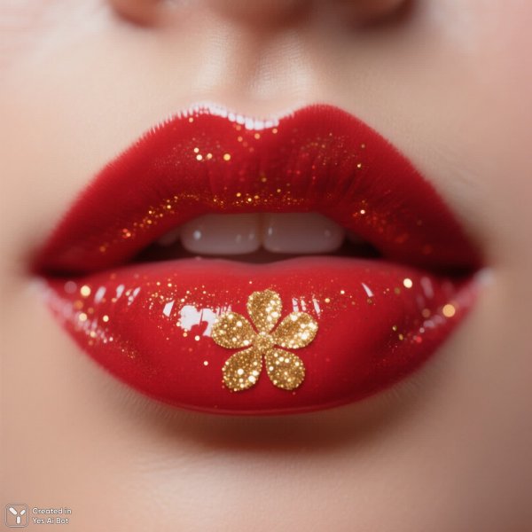 Яркие губы с золотым цветочным узором в макросъемке. Генерация из нейросети Qwen Ai Images