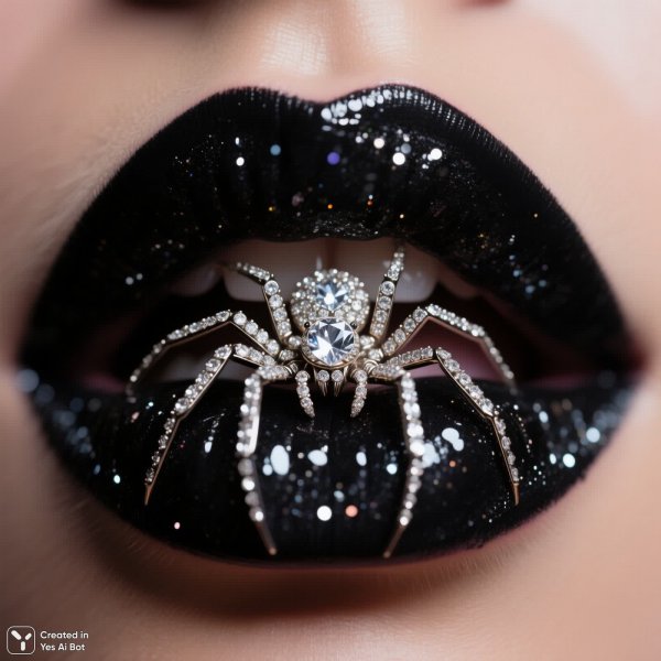 Блестящие губы с серебристым пауком и бриллиантами вблизи. Генерация из нейронной сети Qwen Image
