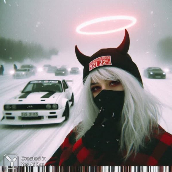Хулиганка в балаклаве: Ночь, скорость и ангельский нимб. Генерация из нейросети Далли 3