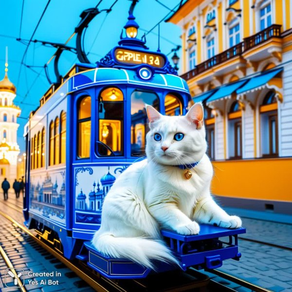 Неоновый трамвай в стиле Гжель: сказочный город будущего. Изображение из нейросети Стейбл Дифьюжен