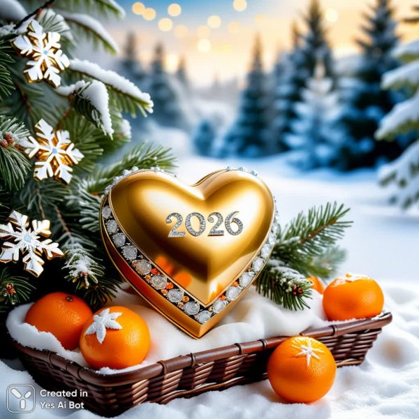 Зимнее волшебство с золотым сердцем и мандаринами. Картинка из нейронной сети Stable Diffusion