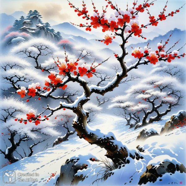 Нежная хрупкость цветущей сливы в стиле Амано. Изображение из нейронной сети Stable Diffusion