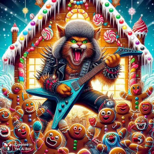 Кот-металлист и пряничный хэвиметал: угарный концерт. Генерация из нейросети Dalle 3