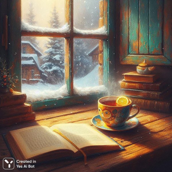 Зимнее утро: уют, книга и тишина за окном. Генерация из нейронной сети Dalle
