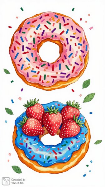 Яркие пончики с посыпкой и ягодами: красочное угощение в стиле наивного искусства. Генерация из нейросети Flux.1