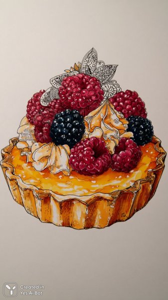 Волшебный тарт: фантазия в стиле наивного искусства с ягодами и кремом. Изображение из нейронной сети Миджорни