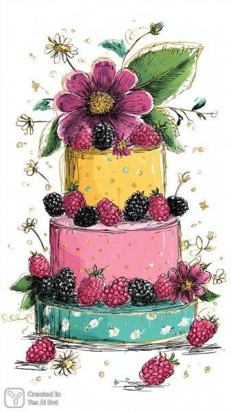 Яркий торт с ягодами и цветами: красочное вдохновение для творчества. Изображение из нейросети Midjourney