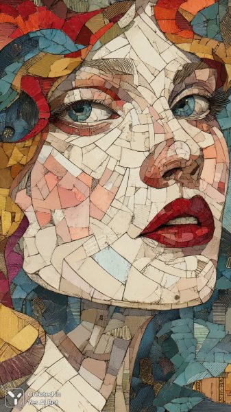 Яркий мозаичный портрет в духе баухауса и дадаизма. Картинка из нейросети Midjourney