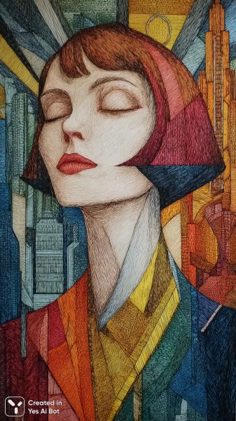 Геометрическая дама в динамичном городе: портрет эпохи Баухауса и Дадаизма. Картинка из нейронной сети Миджорни