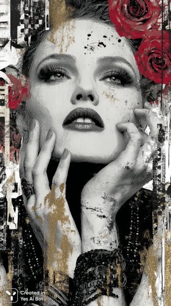 Яркий портрет с розами и графити в стиле инк-арт. Картинка из нейросети Midjourney