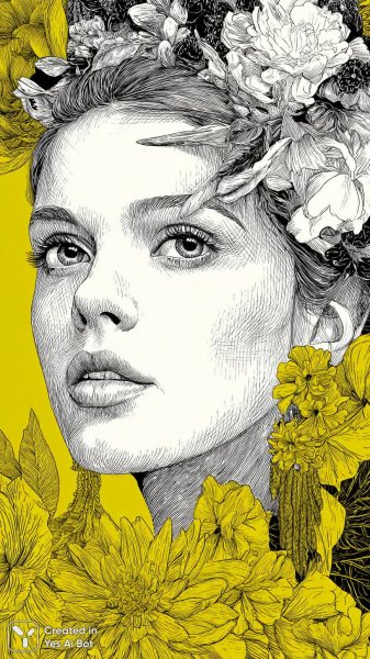 Изысканный портрет в чернилах с яркими цветочными акцентами и полосами. Картинка из нейронной сети Midjourney