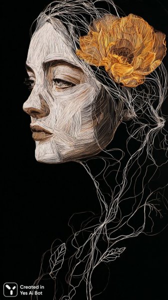 Оранжевый цветок в волосах: сюрреалистичный портрет с высокой контрастностью. Изображение из нейронной сети Миджорни