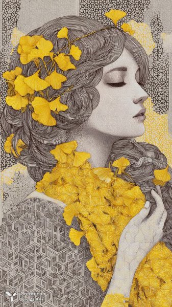 Изысканный портрет в стиле ар-деко с золотыми акцентами и яркими цветами. Картинка из нейронной сети Midjourney