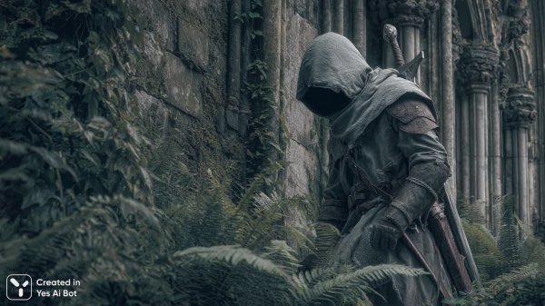 Разговор на рассвете: охотник и страж среди руин забытого города. Изображение из нейросети Midjourney