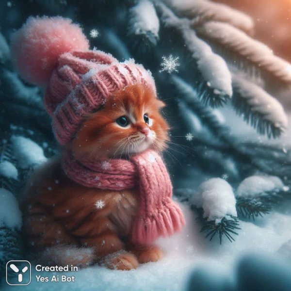 Рыжий котенок в зимней сказке: пушистое очарование среди снежных елей. Нейронная сеть Dalle