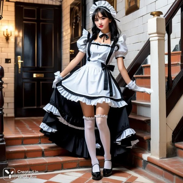 Девушка в костюме горничной у кирпичной стены. Генерация из нейронной сети Stable Diffusion