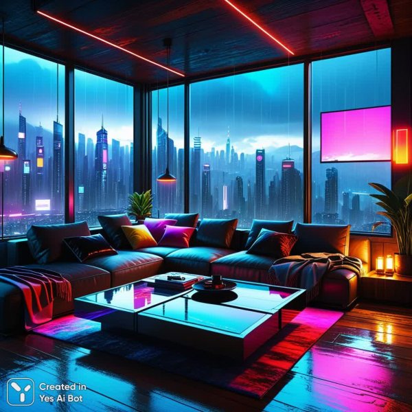 Неоновый уют: футуристичная гостиная в стиле киберпанк. Изображение из нейронной сети Stable Diffusion