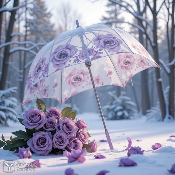 Заснеженная сказка: розовая элегия под зонтом. Картинка из нейросети Flux Ai