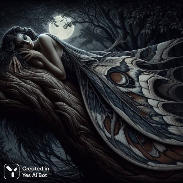 Ночная моль: мрачный портрет женщины в сумраке леса и лунном свете. Нейросеть Dalle