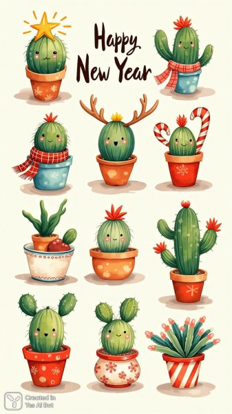 Праздничные кактусы: Новоегоднее настроение в наивном стиле. Нейросеть Flux.1