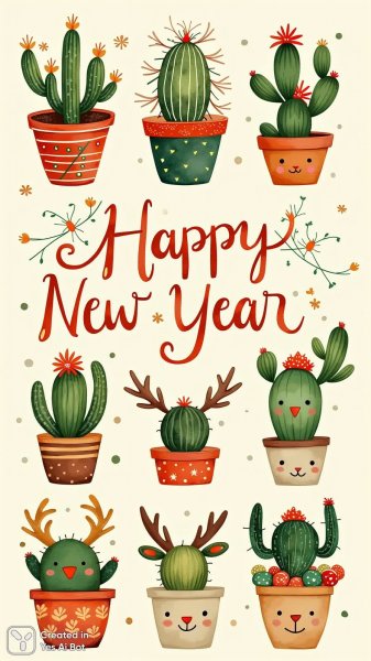 Новогоднее настроение: уютная коллекция кактусов в народном стиле. Изображение из нейросети Flux Ai