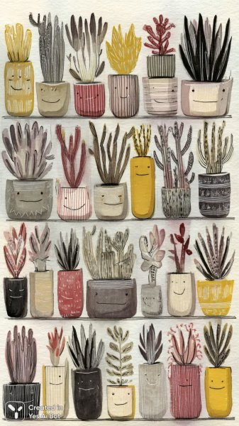 Кактусы с улыбками: наивное искусство и забавные иллюстрации в технике гоше. Генерация из нейронной сети Миджорни