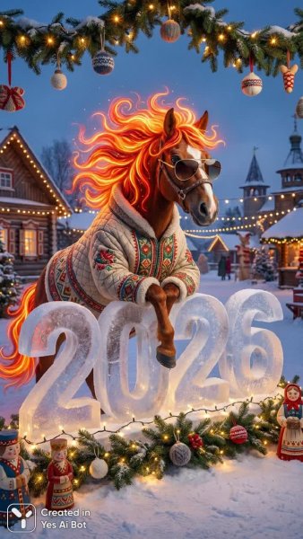 Очаровательная лошадь в зимнем наряде и огненной гриве: сказка в стиле фолк-арт. Изображение из нейронной сети Nano Banana