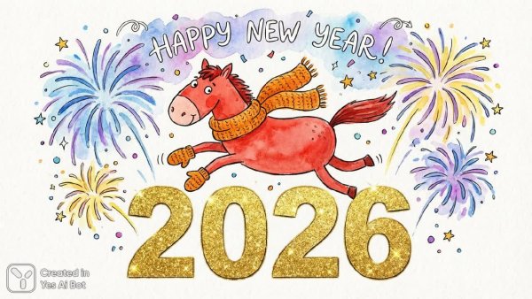 Веселый конь в шарфе встречает Новый год с фейерверками и конфетти. Изображение из нейросети Nano Banana