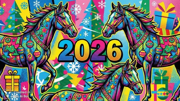 Яркий конь в стиле поп-арт: праздничная абстракция с цифрами 2026 и комикс-эффектом. Нейронная сеть NanoBanana