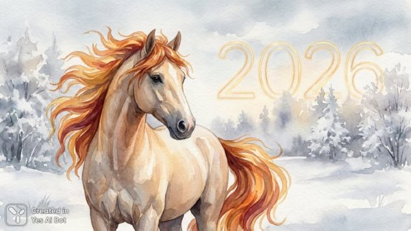 Огненный конь в зимнем пейзаже: мечтательное рождественское настроение. Генерация из нейронной сети Nano-Banana