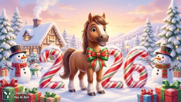 Зимняя сказка: лошадка с бантом и новогодние чудеса. Картинка из нейронной сети Nano Banana