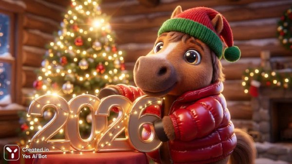 Милая лошадка в праздничном стиле Пиксар с новогодним настроением и волшебными огнями. Нейронная сеть Nano-Banana