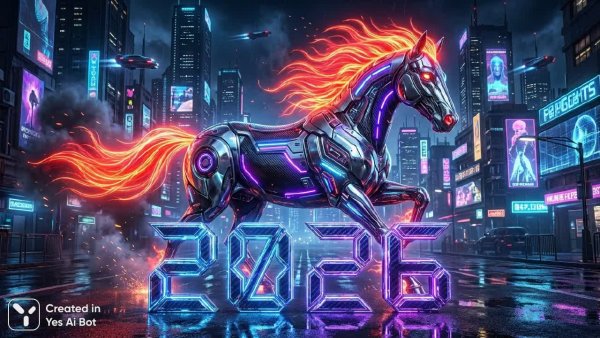 Киберпанк конь с огненной гривой и неоновым светом. Изображение из нейросети Nano-Banana