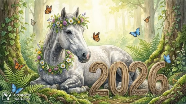 Нежная акварель лошади в цветах и зелени. Изображение из нейросети Nano-Banana