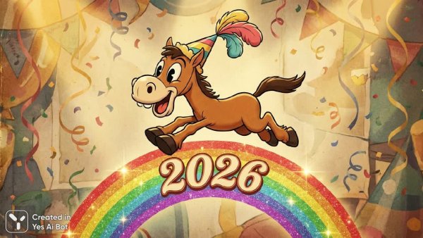 Веселый скакун в праздничном настроении и радуге 2026 года. Нейросеть Nano Banana
