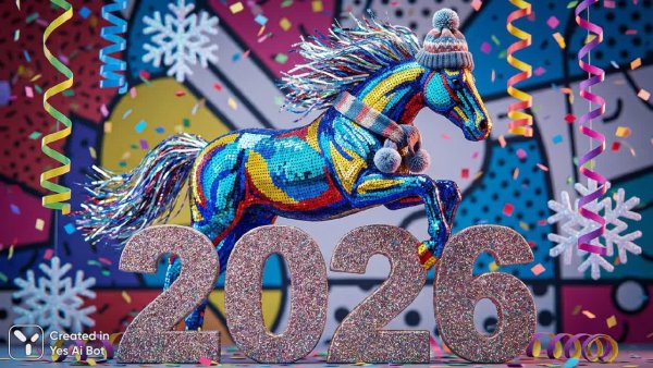 Праздничный скакун в стиле поп-арт с блестящей гривой и зимней шапкой. Изображение из нейросети Нано Банана