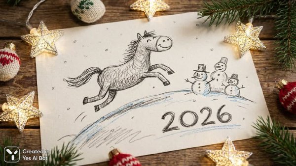 Веселый конь в свитере встречает 2026 год на заснеженной горке под звездами. Генерация из нейронной сети Nano Banana