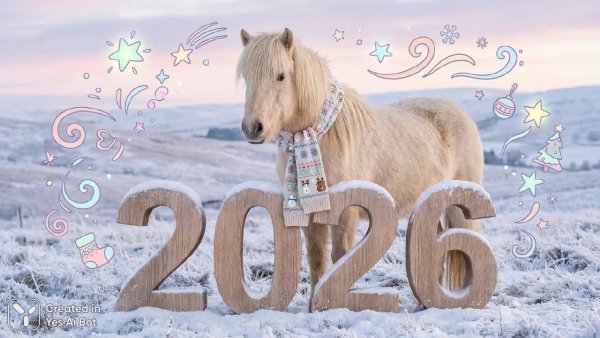 Зимняя сказка с лошадью и праздничным настроением в пастельных тонах. Картинка из нейронной сети Nano-Banana