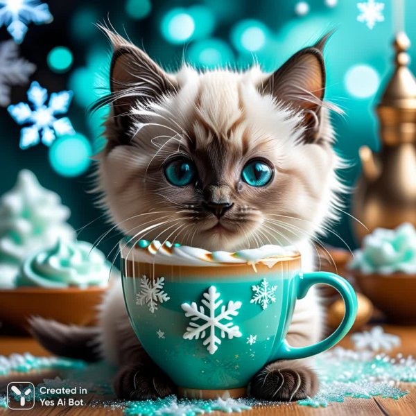 Волшебный котенок с латте и мятным сиянием. Генерация из нейронной сети Stable Diffusion