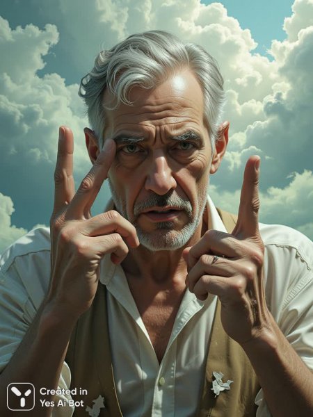 Взгляд сквозь время: старик и тайна облачных небес. Генерация из нейросети Flux Ai