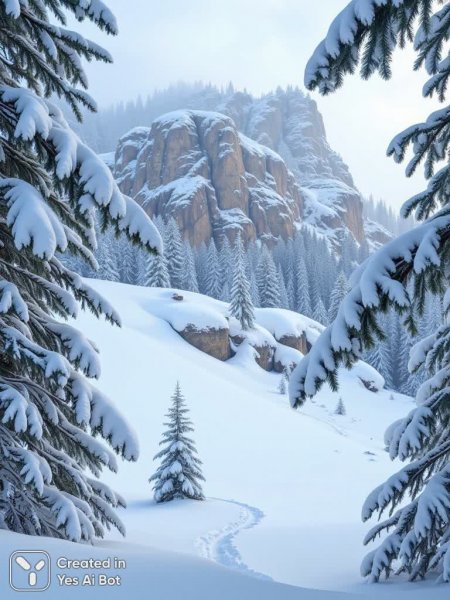 Зимний пейзаж: безмолвная красота снежной скалы и заснеженных сосен. Генерация из нейросети Flux.1