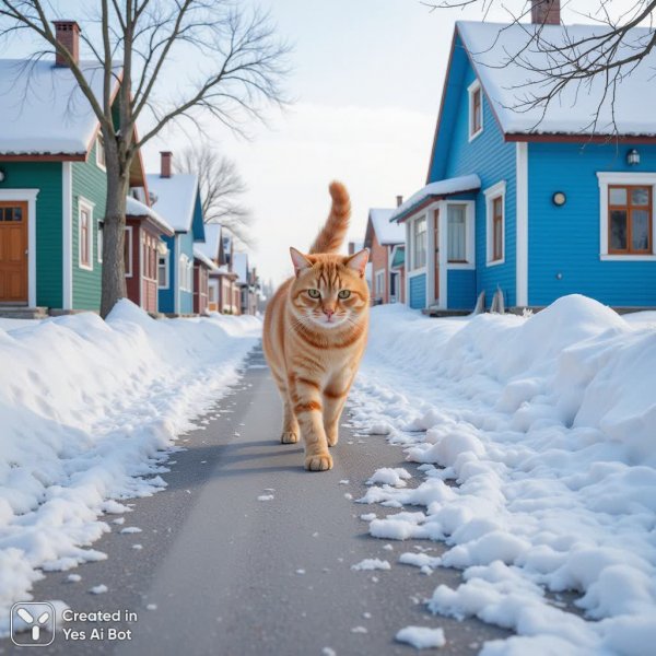 Рыжий кот на заснеженной улице зимней деревни: очарование простого момента. Изображение из нейросети Flux